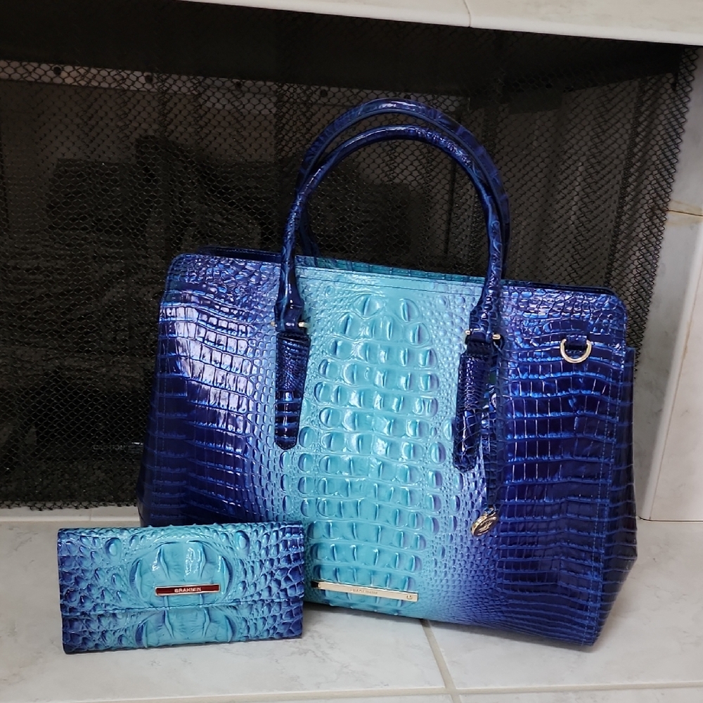 🩵💙 BRAHMIN AFFINITY OMBRE MELBOURNE FINLEY CARRYALL BAG & CORDELIA WALLET 💙🩵